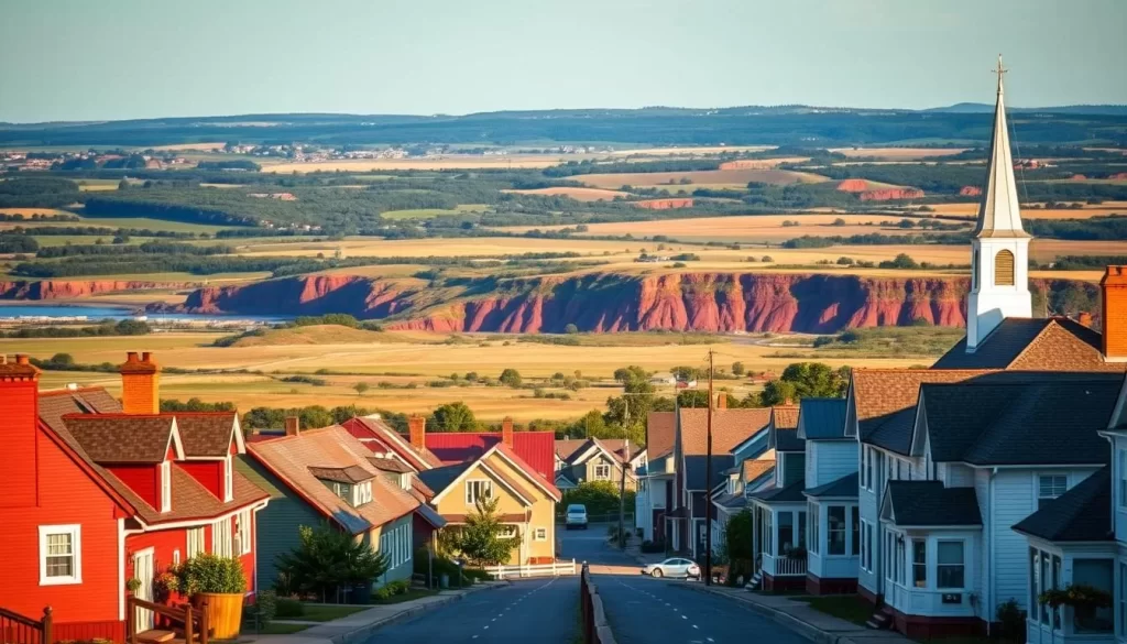 A picturesque scene of Prince Edward Island's historic sites on a pleasant summer day. In the foreground, a quaint old-fashioned village with colorful Victorian-era houses, a white church steeple, and cobblestone streets. In the middle ground, the striking red cliffs of the island's coastline, dotted with lush greenery. In the background, a sprawling expanse of rolling hills and farmland, bathed in warm, golden sunlight. The overall atmosphere is one of tranquility, charm, and timeless beauty, capturing the essence of Prince Edward Island's rich cultural heritage.