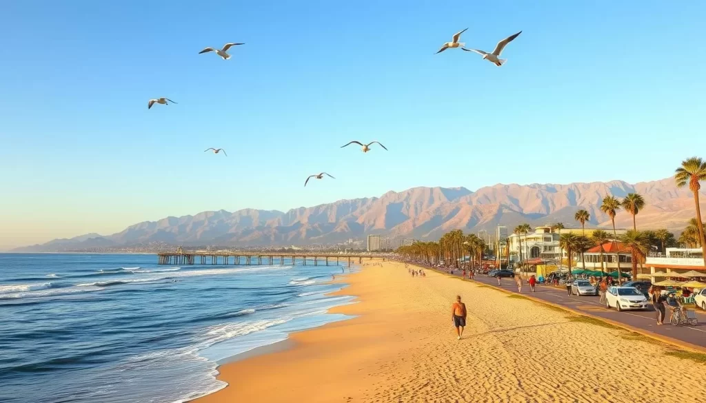 A picturesque scene of Santa Monica Beach on a sunny day. In the foreground, beachgoers stroll along the iconic pier, taking in the gentle waves lapping against the golden sand. The middle ground features a bustling boardwalk lined with palm trees, lively cafes, and colorful beach umbrellas. In the background, the Santa Monica Mountains rise up majestically, their rugged peaks bathed in warm, golden light. Seagulls soar overhead, adding to the peaceful, seaside ambiance. The image is captured with a wide-angle lens, offering a sweeping, panoramic view that truly captures the essence of this beloved Southern California beach destination.