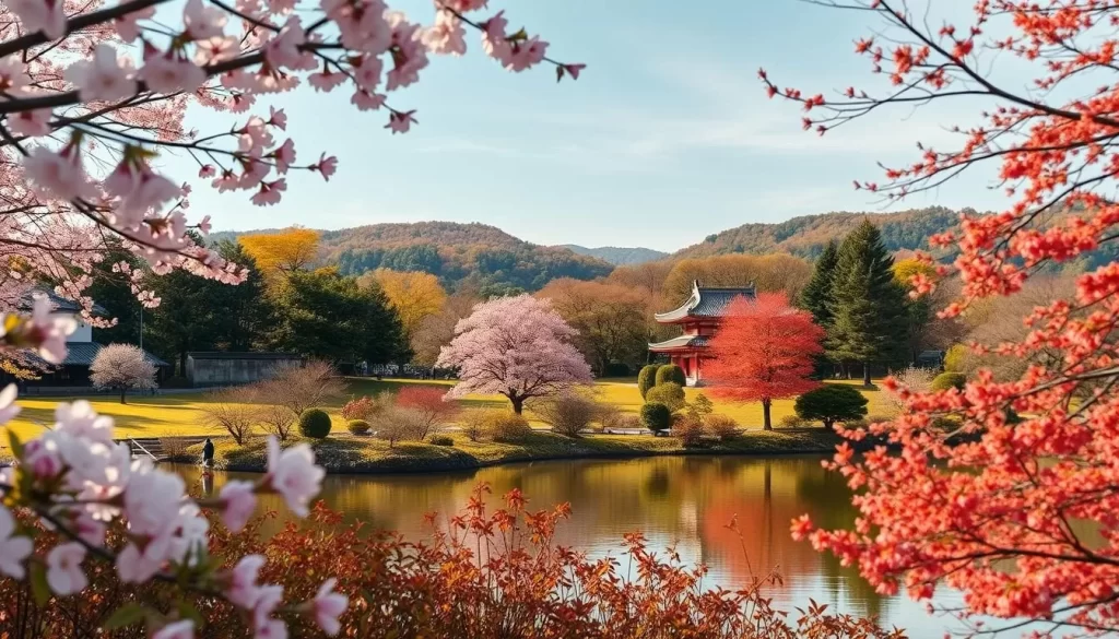 A picturesque scene of Yamagata City in Japan during a pleasant seasonal day. In the foreground, a tranquil park is filled with blooming cherry blossoms or autumn foliage, their vibrant hues reflected in a serene pond. The middle ground features traditional Japanese architecture, such as a pagoda or temple, nestled among lush greenery. In the background, rolling hills and a clear sky create a serene, postcard-worthy backdrop. The warm, natural lighting casts a soft, inviting glow over the entire landscape, capturing the essence of Yamagata's seasonal beauty. Utilize a wide-angle, cinematic lens to showcase the harmonious integration of nature and cultural elements.
