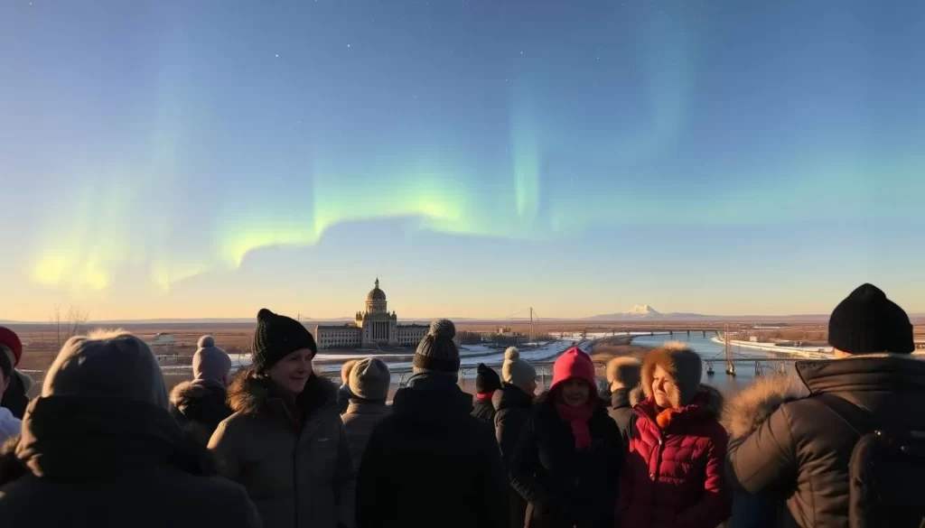 A picturesque scene of Yellowknife, Northwest Territories, on a crisp autumn day. In the foreground, a group of bundled-up locals and visitors preparing for the chill, sporting warm layers, hats, and gloves. The middle ground showcases the city's iconic landmarks, including the Legislative Assembly Building and the Yellowknife River, bathed in the golden light of the setting sun. In the background, the stunning Aurora Borealis dances across the clear, starry sky, casting a mesmerizing glow over the entire landscape. The scene conveys a sense of cozy, weather-savvy practicality, with the natural beauty of Yellowknife serving as a breathtaking backdrop.