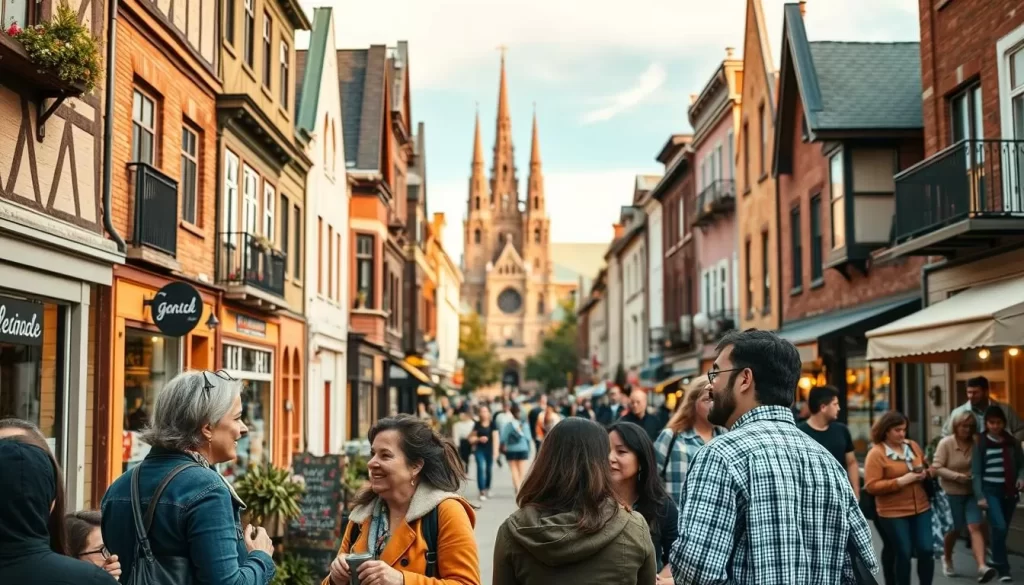 A picturesque scene of a vibrant French-speaking community in the heart of Manitoba, Canada. In the foreground, a group of locals engaged in lively conversation, their expressions animated and their gestures expressive. Surrounding them, the facades of charming, historic buildings adorned with French-inspired architectural details, their warm, earthy tones casting a cozy glow in the soft, natural lighting. In the middle ground, a lively street scene, with people of all ages strolling leisurely, some window-shopping at the quaint boutiques and cafes. In the background, a magnificent cathedral, its towering spires a testament to the enduring presence of the French language and culture in this vibrant province.