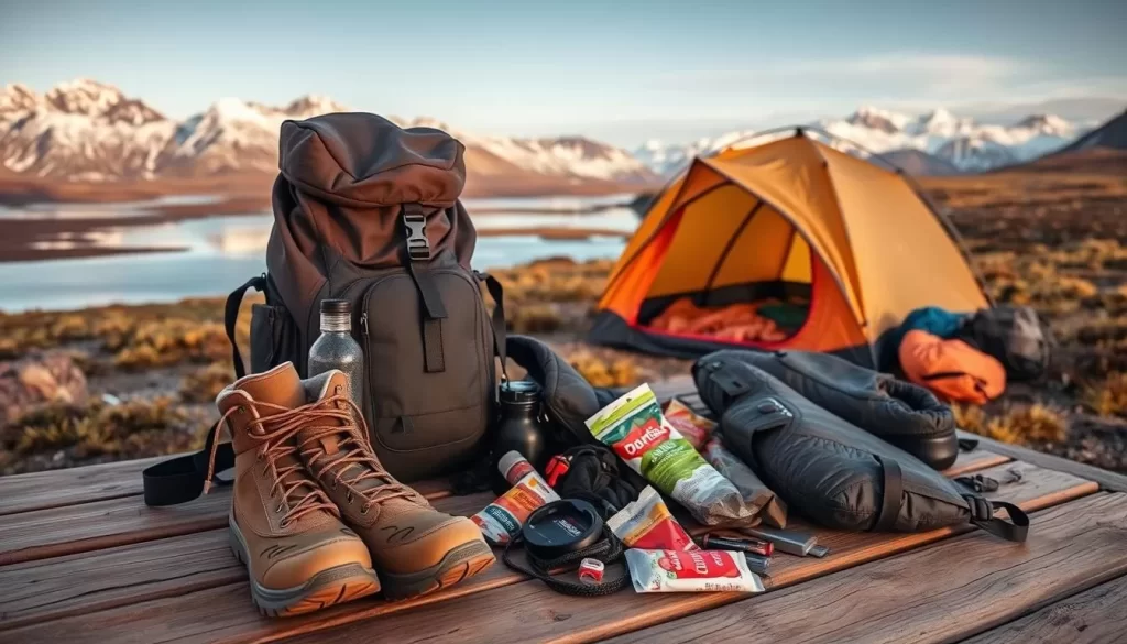 A picturesque scene of an outdoor enthusiast packing their gear for an adventure in Ukkusiksalik National Park. The foreground showcases a sturdy backpack, hiking boots, and essential supplies like a compass, water bottle, and snacks, all neatly arranged on a wooden surface. The middle ground features a cozy tent, sleeping bag, and other camping equipment, hinting at the comforts to be found in the great outdoors. In the background, a breathtaking vista of snow-capped mountains, pristine lakes, and lush tundra vegetation sets the stage for the ultimate Nunavut experience. Warm, natural lighting bathes the scene, evoking a sense of excitement and anticipation for the journey ahead.