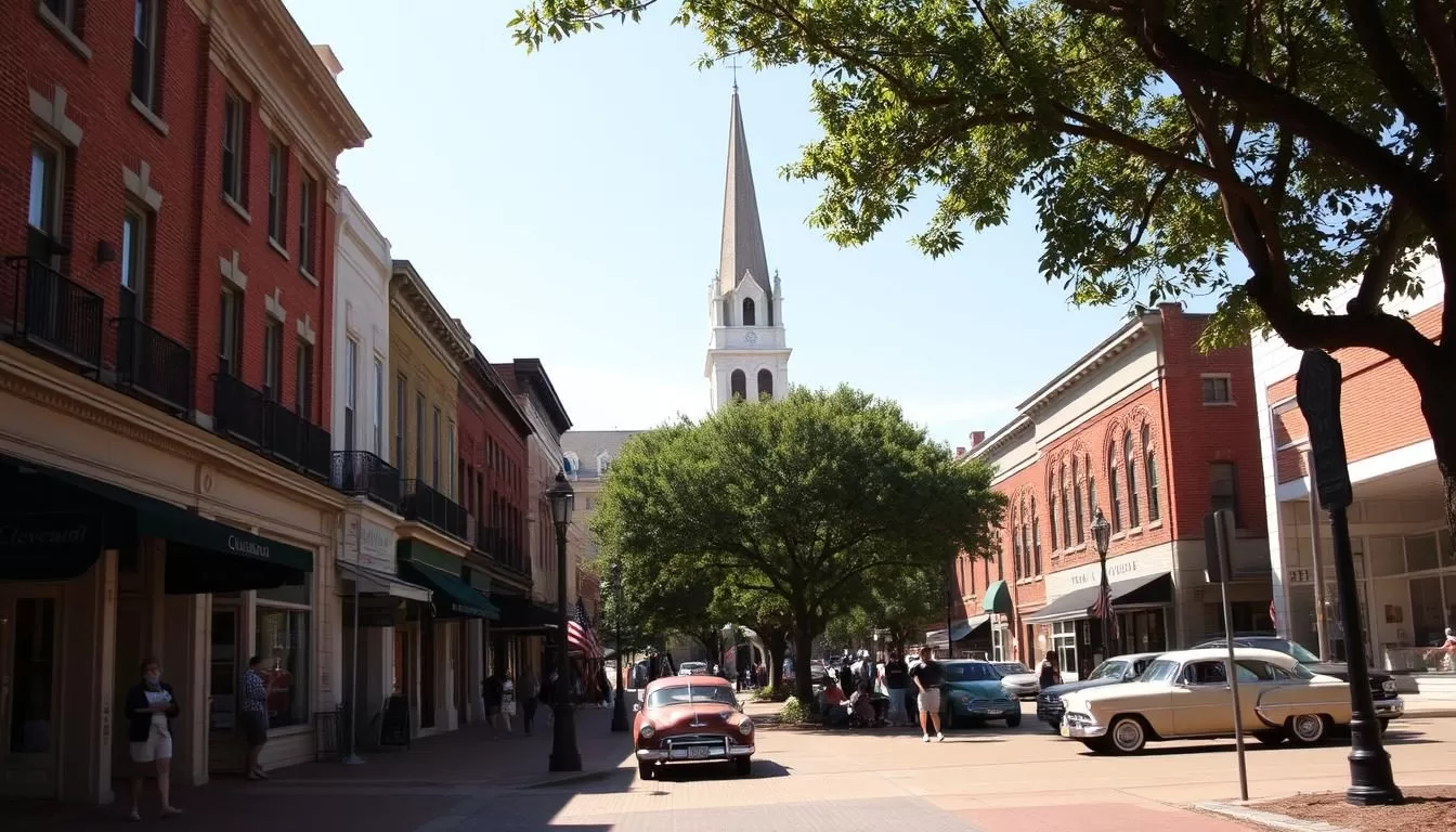 A picturesque scene of downtown Cleveland, Mississippi, on a warm, sunny day. The historic buildings along Main Street stand tall, their facades adorned with charming architectural details. A tree-lined sidewalk leads to a lively town square, where locals and visitors mingle. In the distance, the steeple of a grand church rises above the skyline, casting a soft shadow across the scene. The lighting is natural and warm, creating a welcoming ambiance. A vintage car or two adds a touch of nostalgia to the setting. The overall atmosphere conveys the small-town charm and Southern hospitality that Cleveland, Mississippi, is known for.