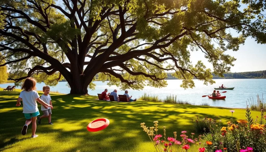 A picturesque scene of family-friendly activities at St. Malo Provincial Park. In the foreground, a group of children playing frisbee on a lush green lawn, their laughter echoing through the tranquil setting. In the middle ground, a family enjoying a picnic beneath the shade of towering oak trees, surrounded by vibrant wildflowers. In the background, a glistening lake reflects the azure sky, with a pair of kayakers gliding across the serene water. Warm sunlight filters through the leaves, creating a soft, inviting atmosphere that captures the essence of outdoor recreation and quality time spent together.