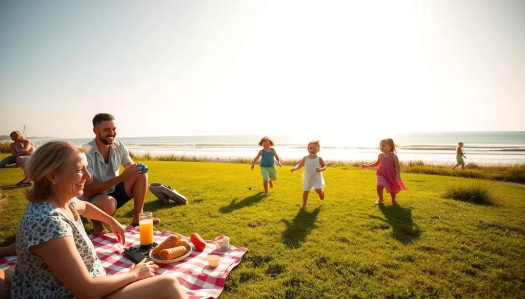 A picturesque scene of summertime bliss on Prince Edward Island, Canada. In the foreground, a family enjoys a casual picnic, their laughter and joy filling the air. Mid-ground, children play joyfully on a lush, verdant lawn, their colorful clothes and carefree movements capturing the essence of carefree summer days. In the background, a tranquil beach with gently lapping waves and a bright, cloudless sky, creating a serene and inviting atmosphere. Warm, golden sunlight bathes the entire scene, lending a nostalgic and idyllic quality. Crisp, high-resolution details, natural and realistic lighting, a wide-angle lens to capture the full breadth of the activities.