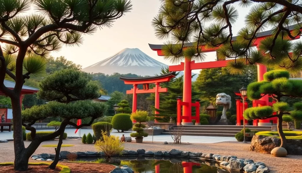 A picturesque scene of the Kansai region in Japan, captured on a pleasant day. In the foreground, a traditional Japanese garden with neatly manicured bonsai trees and a serene koi pond. In the middle ground, the iconic red torii gate of a Shinto shrine stands majestically, framed by lush greenery. The background showcases the stunning silhouette of Mount Fuji, its snow-capped peak bathed in warm, golden light. The overall atmosphere is one of tranquility and cultural richness, inviting the viewer to explore the best that the Kansai region has to offer.