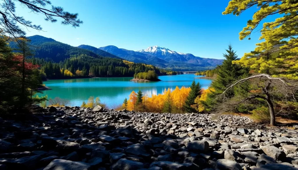 A picturesque scene of the Shiretoko Five Lakes nestled amidst the lush, verdant forests of Shiretoko National Park in Japan. The calm, turquoise waters reflect the surrounding mountain peaks, while sunlight filters through the canopy, casting a warm, golden glow over the tranquil landscape. In the foreground, the intricate patterns of the rocky shoreline lead the eye towards the serene, mirror-like lakes. The middle ground features a mix of deciduous and coniferous trees, their vibrant colors a testament to the region's stunning natural beauty. In the background, the majestic Shiretoko Mountains rise up, their snow-capped summits reaching towards the clear, azure sky. The overall composition evokes a sense of peaceful contemplation, inviting the viewer to immerse themselves in the breathtaking natural wonder of this remarkable place.
