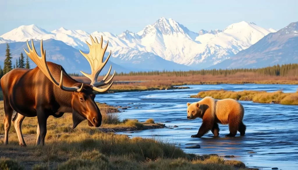 A picturesque scene of the Yukon Wildlife Preserve, showcasing the diverse fauna that call this northern wilderness home. In the foreground, a majestic bull moose grazes peacefully, its massive antlers casting dynamic shadows. In the middle ground, a playful grizzly bear ambles along the banks of a gently flowing river, its thick, golden-brown fur glistening in the warm, soft light. In the background, snow-capped peaks rise majestically, creating a breathtaking backdrop for this tableau of Yukon wildlife. The overall atmosphere is one of tranquility and awe, inviting the viewer to fully immerse themselves in the natural wonder of this exceptional preserve.