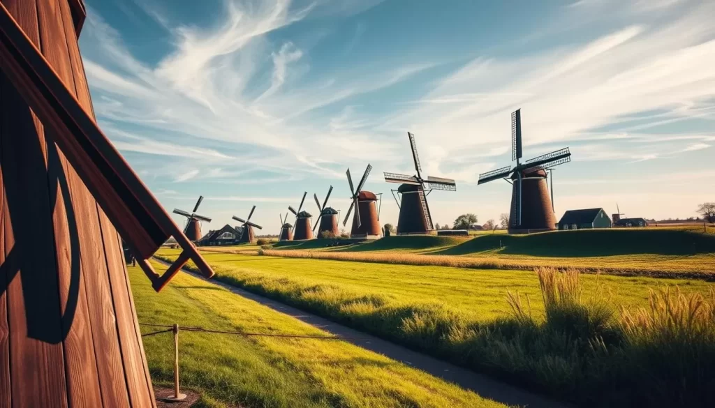 A picturesque scene of the iconic windmills of Kinderdijk, Netherlands, set against a serene sky with wispy clouds. In the foreground, the wooden blades of the windmills spin gracefully, casting soft shadows on the ground. The middle ground features the distinctive silhouettes of the 19 historic windmills, their brick and wooden structures standing tall and proud. In the background, a lush green landscape rolls gently, creating a pastoral and tranquil atmosphere. Warm, golden sunlight bathes the scene, illuminating the windmills and highlighting their intricate details. The overall mood is one of peaceful contemplation, inviting the viewer to immerse themselves in the timeless charm of this iconic Dutch landmark.