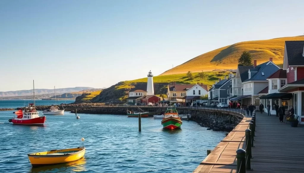 A picturesque seaside town nestled along the rugged cliffs of Prince Edward Island, Victoria-by-the-Sea exudes a timeless charm. Depict the quaint harbor, with brightly painted fishing boats gently bobbing on the calm, azure waters of the Victoria Sea. In the foreground, a stroll along the weathered boardwalk, lined with charming shops and cafes, invites exploration. The mid-ground showcases the iconic lighthouse, its white tower standing tall against a backdrop of verdant rolling hills and a cloudless, cerulean sky. Warm, golden sunlight filters through, casting a soft, inviting glow upon the scene. Capture the tranquil atmosphere and the idyllic seaside ambiance that embodies the essence of this picturesque Maritime destination.