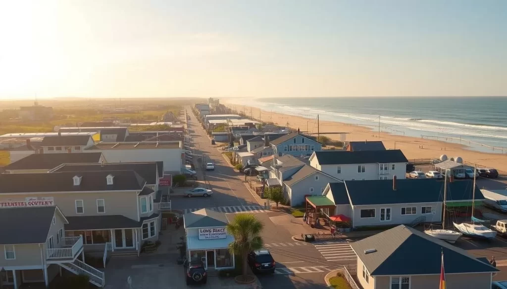 A picturesque seaside town nestled on a scenic barrier island, Long Beach Island showcases its six unique communities, each with their own charming character. Capture the essence of this coastal haven, with quaint beach cottages, bustling boardwalks, and sun-dappled marinas in the foreground. In the middle ground, vibrant local shops and restaurants line the streets, while in the background, gently rolling dunes and the shimmering Atlantic ocean create a tranquil, postcard-worthy scene. Utilize a warm, golden-hour lighting to accentuate the relaxed, summery atmosphere, and employ a slightly wide-angle lens to convey a sense of depth and expansiveness. Evoke the laid-back, seaside charm that defines the towns of Long Beach Island.