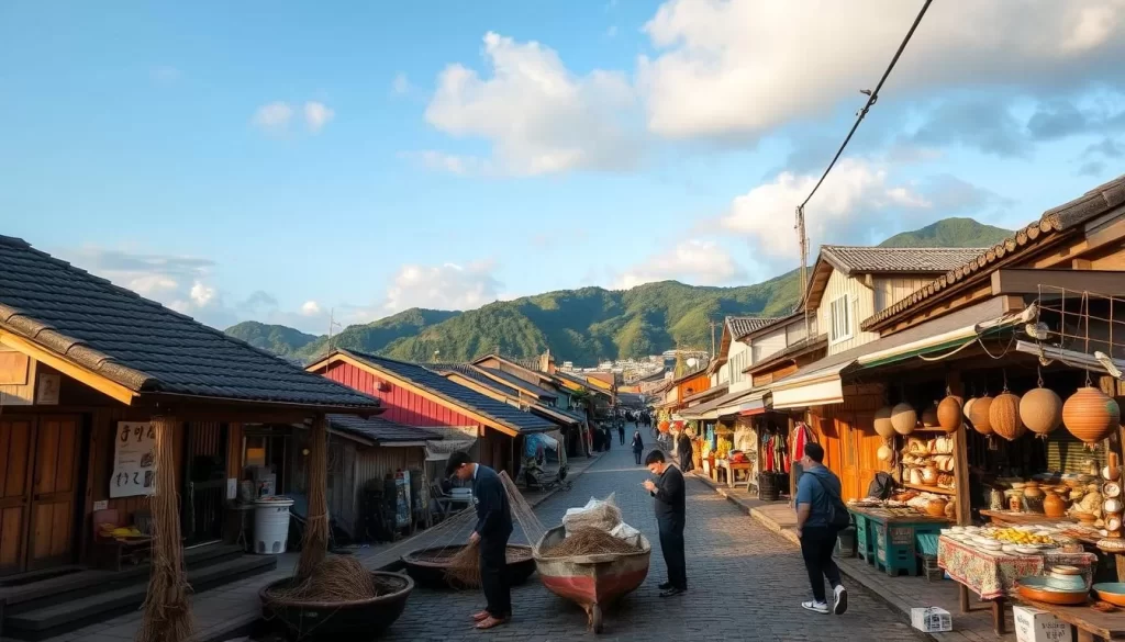 A picturesque seaside village nestled on the tranquil shores of Sado Island, Japan. Weathered wooden houses with traditional tiled roofs line the narrow streets, their vibrant facades casting warm shadows on the cobblestone pathways. In the foreground, local fishermen mend their nets, the salty breeze ruffling their weathered attire. The middle ground features a bustling open-air market, where vendors offer an array of fresh seafood and handcrafted pottery. In the distance, verdant hills rise up, their lush foliage creating a serene backdrop to this timeless scene. Soft, natural lighting filters through the clouds, illuminating the scene with a gentle, golden glow, evoking a sense of tranquility and timelessness.