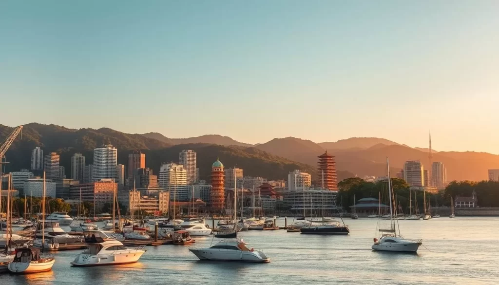 A picturesque skyline of Miyazaki City, Japan, at golden hour. In the foreground, a bustling harbor with fishing boats and yachts gently rocking on the calm waters. In the middle ground, the city's modern high-rises and historic temples rise up, bathed in the warm, golden hues of the setting sun. In the background, a range of lush, verdant mountains frame the scene, their peaks tinged with a soft, pinkish glow. The atmosphere is serene and tranquil, with a sense of peaceful, natural beauty. Capture this idyllic day trip destination in a cinematic, wide-angle lens that showcases the stunning harmony between the city and its picturesque natural surroundings.