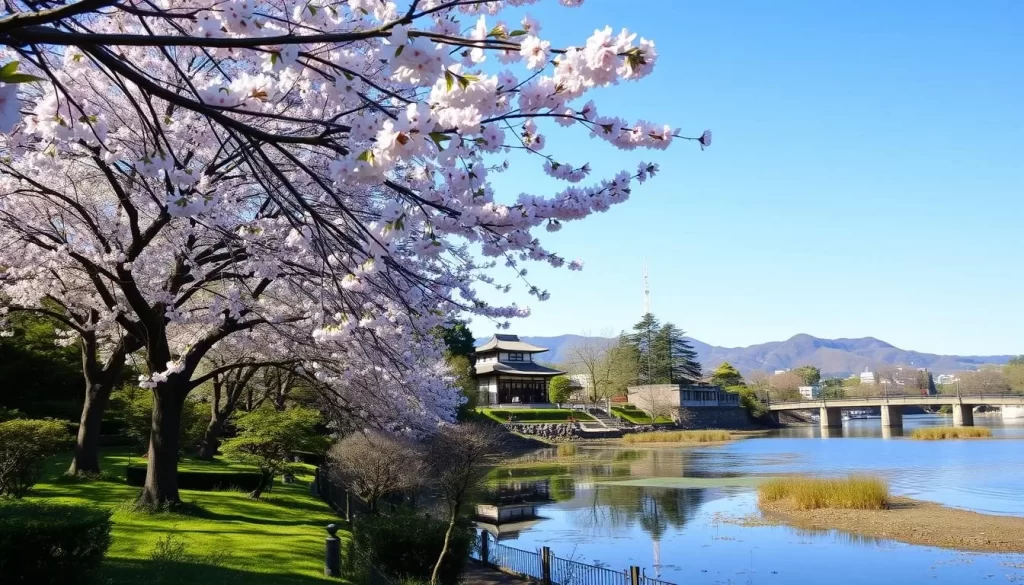 A picturesque spring day in Hiroshima Prefecture, Japan. Cherry blossom trees line the banks of the Ōta River, their delicate pink petals drifting lazily in the gentle breeze. In the foreground, a serene garden with lush greenery and a tranquil pond reflects the natural beauty. Soft, diffused lighting illuminates the scene, creating a warm, inviting atmosphere. In the middle ground, traditional Japanese architecture stands in harmonious contrast, its elegant simplicity complementing the natural landscape. The background features rolling hills and a clear, azure sky, completing the idyllic, quintessentially Japanese setting.