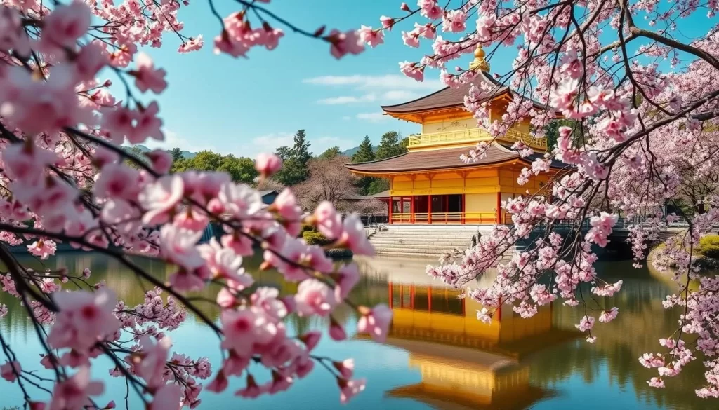 A picturesque spring scene in Kyoto, Japan. The iconic Kinkakuji Temple, its golden pavilion reflecting on the tranquil pond. Cherry blossoms in full bloom, their delicate pink petals cascading down. A gentle breeze rustles the lush foliage, creating a serene, almost dreamlike atmosphere. Soft natural lighting washes over the landscape, highlighting the temple's stunning architecture and the vibrant greenery. A classic Japanese garden scene, capturing the essence of Kyoto's timeless beauty at its most enchanting.