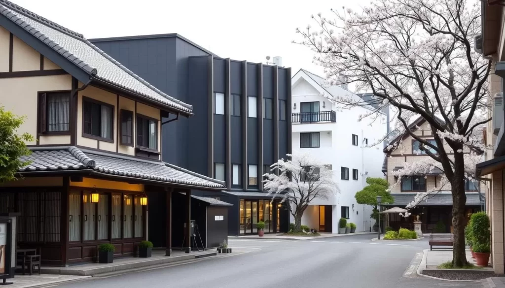 A picturesque street in Akita, Japan, showcasing a variety of charming accommodation options. In the foreground, a traditional ryokan with its distinctive tiled roof and elegant facade stands, inviting travelers to experience the local culture. In the middle ground, a modern hotel with sleek, minimalist design blends seamlessly with the surrounding architecture. In the background, a quaint bed and breakfast nestled among cherry blossom trees adds to the serene ambiance. Soft, diffused lighting illuminates the scene, creating a warm and welcoming atmosphere. The composition captures the diverse range of accommodation choices available in Akita, catering to various traveler preferences.