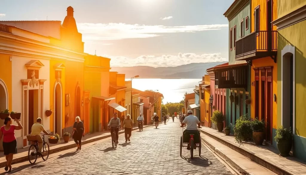 A picturesque street in Flores, Guatemala, under a warm, golden sun. Colorful, traditional buildings line the cobblestone road, their facades adorned with intricate architectural details. Locals stroll leisurely, carrying baskets of fresh produce. Bicycles and tricycles weave through the tranquil scene, offering a glimpse of the town's sustainable transportation. In the distance, the shimmering Lake Petén Itzá provides a serene backdrop, its calm waters reflecting the vibrant hues of the surroundings. The overall atmosphere exudes a sense of peaceful, small-town charm, perfectly capturing the essence of "Getting Around Flores".
