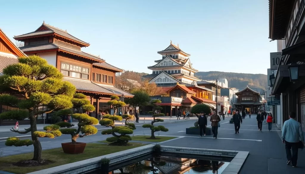 A picturesque street in Matsuyama City, Japan, lined with traditional Japanese architecture and cultural landmarks. In the foreground, a serene garden with neatly pruned bonsai trees and a tranquil koi pond. The middle ground features a magnificent Matsuyama Castle, its imposing walls and pagoda-style roofs bathed in warm, afternoon sunlight. In the background, a collection of museums and art galleries, their facades adorned with intricate carvings and vibrant murals. Pedestrians stroll leisurely, immersed in the city's rich heritage and artistic vibrancy. The scene is framed by a clear, azure sky, creating a harmonious and inviting atmosphere.