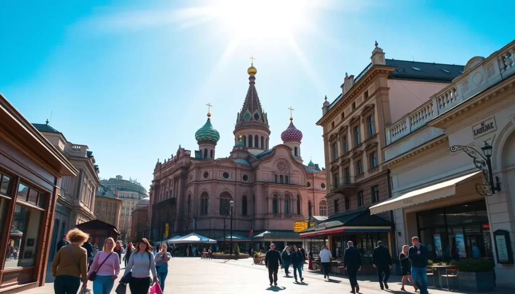 A picturesque street scene in Kyiv, Ukraine, on a pleasant sunny day. In the foreground, pedestrians stroll along the sidewalk, admiring the charming storefronts and cafes lining the street. In the middle ground, historic buildings with ornate architecture stand tall, their warm hues reflecting the golden rays of the sun. In the background, the iconic onion domes of a nearby cathedral rise into the cloudless blue sky, creating a serene and inviting atmosphere. The scene is captured with a wide-angle lens, showcasing the bustling yet tranquil nature of this vibrant city.