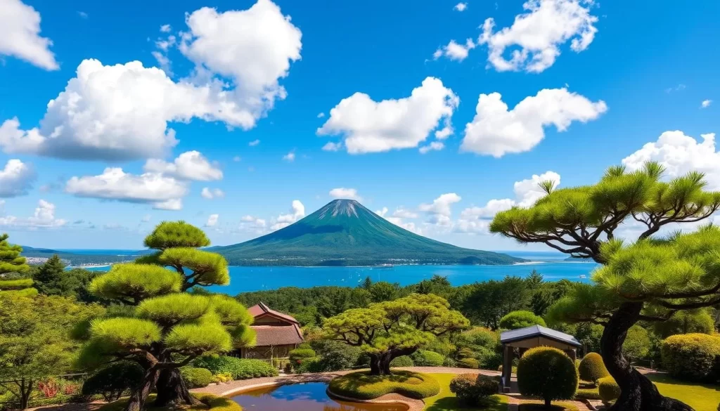 A picturesque summer day in Kagoshima Prefecture, Japan. Vibrant blue skies with fluffy white clouds, casting gentle shadows on the lush, verdant landscape below. In the foreground, a traditional Japanese garden with carefully pruned bonsai trees and a tranquil koi pond, reflecting the clear sky. In the middle ground, the iconic Sakurajima volcano rises majestically, its slopes blanketed in a verdant mantle. In the distance, the sparkling azure waters of the Kagoshima Bay, dotted with small fishing boats. Warm, golden sunlight bathes the scene, creating a sense of serenity and harmony.