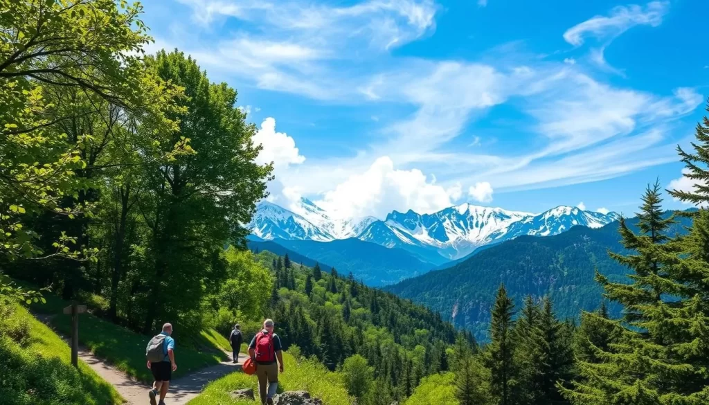 A picturesque summer day in the Nagano mountains, where hikers traverse verdant trails amid towering peaks. In the foreground, a group of adventurers navigates a winding path, their backpacks and hiking gear suggesting an immersive outdoor experience. The middle ground showcases lush, verdant forests, their canopy casting dappled light across the scene. In the background, majestic snow-capped mountains rise majestically, their rugged silhouettes framed by a bright, azure sky peppered with wispy clouds. The overall atmosphere evokes a sense of tranquility, adventure, and natural splendor, perfectly capturing the essence of summer hiking in the Nagano region.