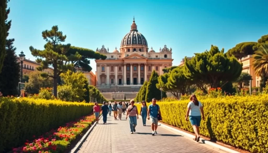 A picturesque summer day in the Vatican, with the iconic St. Peter's Basilica and Apostolic Palace rising majestically against a clear blue sky. In the foreground, a lush, well-manicured garden frames the scene, its vibrant flowers and neatly trimmed hedges adding a sense of serene beauty. Visitors stroll along the cobblestone paths, their faces lit by the warm, golden sunlight that filters through the surrounding trees. The overall atmosphere is one of tranquility and wonder, perfectly capturing the essence of the Vatican during its most pleasant weather-wise months.