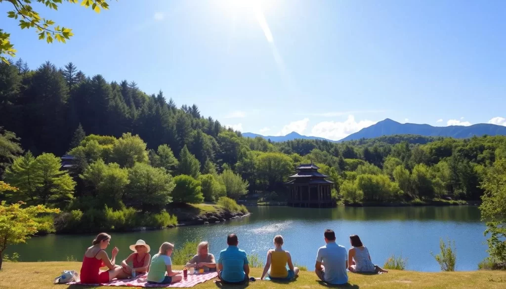 A picturesque summer scene in Aomori Prefecture, Japan. A lush green forest flanks a tranquil lake, its surface reflecting the clear blue sky above. In the foreground, a group of people enjoy a leisurely picnic, their vibrant clothing complementing the verdant landscape. Sunlight filters through the canopy, casting a warm, golden glow over the entire scene. Distant mountains rise up in the background, their peaks shrouded in wispy clouds. The atmosphere is one of serene contentment, capturing the essence of a perfect summer day in this beautiful northern region.