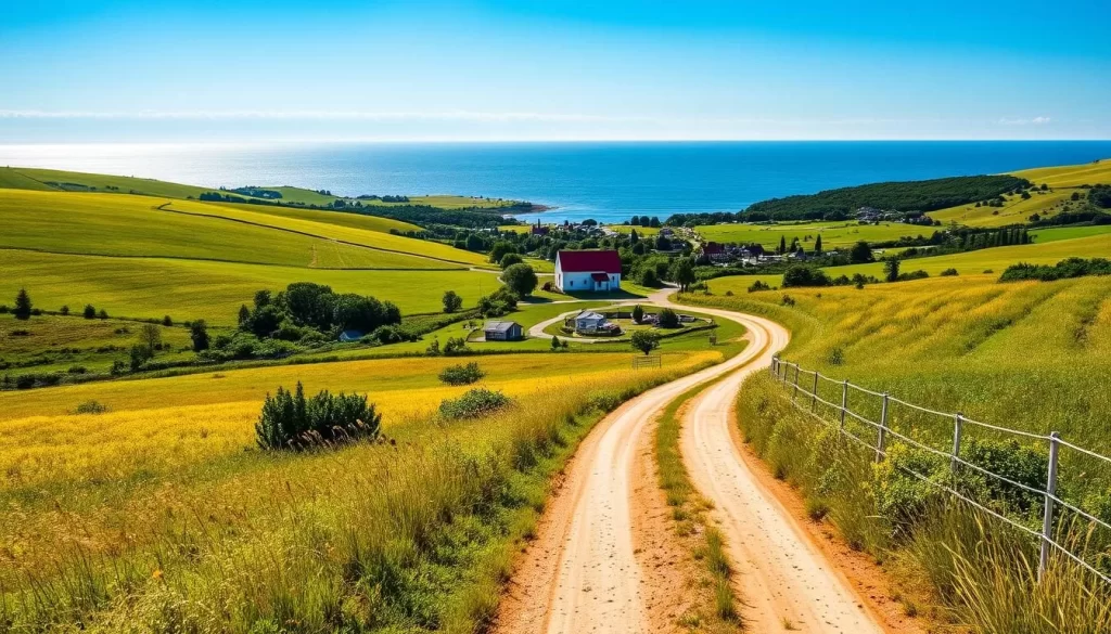 A picturesque summer scene on Prince Edward Island, Canada, with rolling hills, lush green fields, and a quaint village nestled along the coastline. Warm sunlight bathes the landscape, highlighting the vibrant colors of the landscape. In the foreground, a winding dirt road leads visitors through the serene countryside, inviting them to explore the island's natural beauty. The middle ground features a charming farmhouse, its red-roofed structure complementing the surrounding flora. In the distance, the deep blue waters of the Gulf of St. Lawrence shimmer, creating a serene and calming atmosphere. The overall composition captures the essence of Prince Edward Island's idyllic charm, showcasing the ideal time to visit this weather-savvy destination.