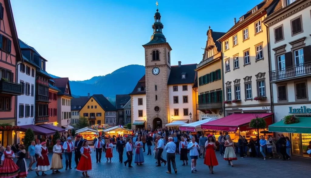 A picturesque town square in Liechtenstein, surrounded by historic buildings with ornate architectural details. In the foreground, a colorful traditional Liechtenstein festival is in full swing, with people in vibrant folk costumes dancing and celebrating. The middle ground features a grand clock tower and a lively market scene, while the background showcases rolling hills and a clear blue sky. The lighting is soft and warm, creating a cozy and inviting atmosphere that captures the cultural heritage and festive spirit of Liechtenstein.
