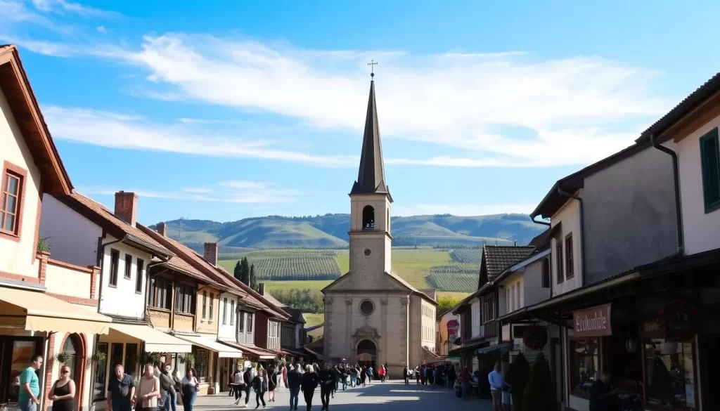 A picturesque town square in Topola, Serbia, bathed in warm sunlight. In the foreground, locals and visitors stroll past quaint shops and cafes with traditional Serbian architecture. In the middle ground, an old church stands tall, its steeple reaching towards the azure sky. In the background, rolling hills and vineyards paint a serene pastoral scene. The atmosphere is one of tranquility and charm, inviting the viewer to explore the vibrant culture and history of this charming Serbian town.