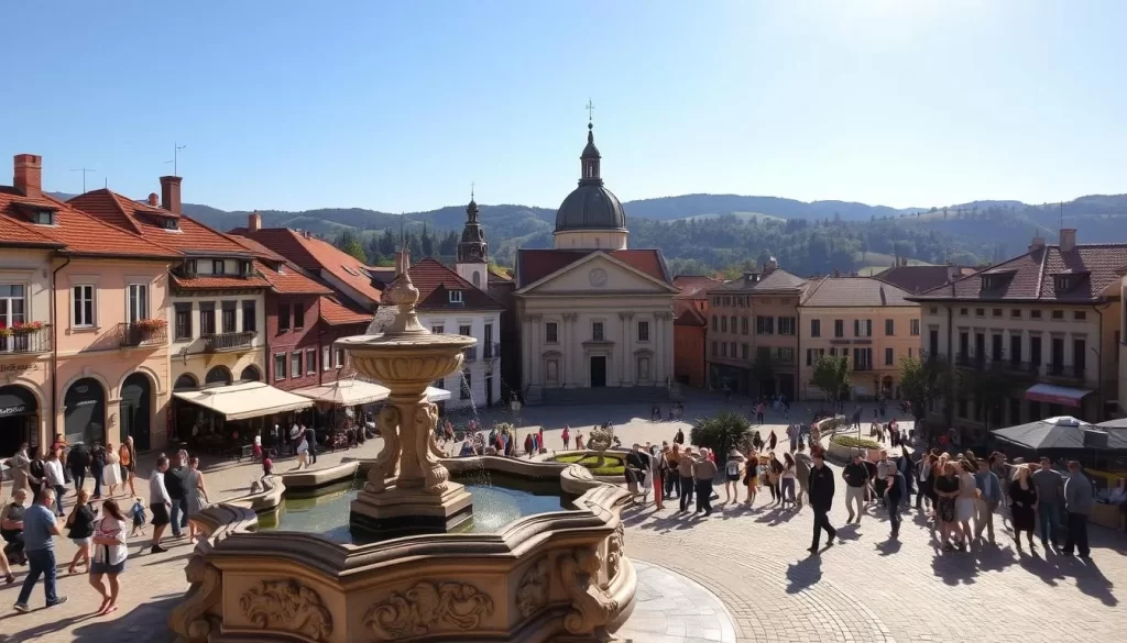 A picturesque town square in Vranje, Serbia, bathed in warm afternoon sunlight. In the foreground, locals and visitors mingle around an ornate fountain, its intricate stone carvings glistening. Behind them, historic buildings with terracotta roofs and elegant facades line the square, their balconies adorned with vibrant flowers. In the middle ground, a grand, domed church stands tall, its spire reaching towards the clear blue sky. In the background, rolling hills and lush greenery create a serene, pastoral backdrop, conveying the rich cultural heritage and natural beauty of this captivating Serbian city.