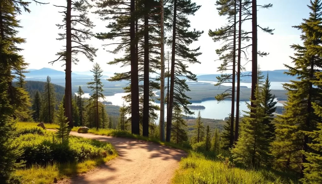 A picturesque trail winding through lush, verdant forests, with sunlight filtering through the canopy of towering trees. In the foreground, a well-maintained dirt path invites hikers to explore the serene landscapes. Tall, majestic pines and birch trees line the middle ground, casting gentle shadows on the ground below. The background reveals breathtaking vistas of pristine lakes and rolling hills, creating a serene and peaceful atmosphere. The scene is illuminated by warm, natural lighting, captured through a high-quality lens with a slightly wide angle to encompass the grandeur of the surroundings. This image reflects the tranquil beauty of the hiking trails around Big Whiteshell Lake, Manitoba, perfect for outdoor enthusiasts seeking a rejuvenating connection with nature.