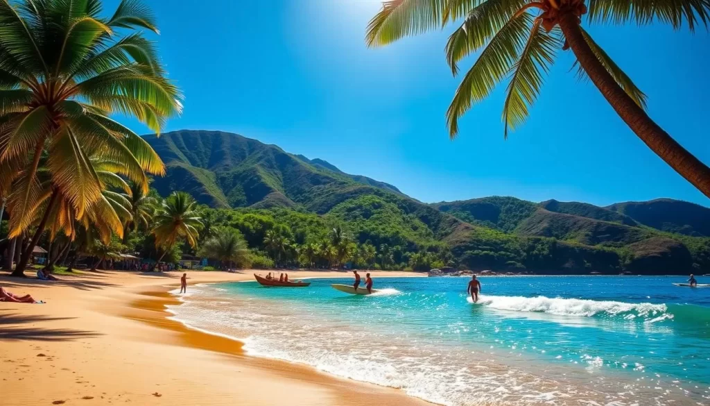 A picturesque tropical beach scene, Playa Venao in Panama's Azuero Peninsula. Crystalline azure waters lap gently against the golden sand, flanked by swaying palm trees providing dappled shade. Sunlight glitters on the surface, casting a warm, inviting glow over the entire landscape. In the middle ground, a small group of beachgoers relax on colorful towels, while surfers glide effortlessly across the waves. The background features rugged, verdant hills rolling into the distance, creating a serene, secluded atmosphere. Capture the tranquil, picture-perfect essence of the "best time to visit Playa Venao" - a sunny, idyllic tropical paradise.