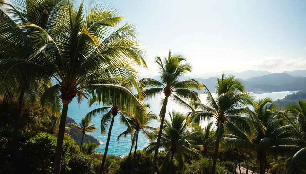 A picturesque tropical landscape in Okinawa, Japan, captured on a sunny spring day. The foreground depicts lush, verdant palm trees swaying gently in a light breeze, casting dynamic shadows on the ground below. In the middle ground, a tranquil ocean stretches out, its turquoise waters sparkling under the warm, golden sunlight. The background features rolling hills and distant mountains, their silhouettes hazy in the atmospheric haze. The scene conveys a sense of serene, island paradise, with a focus on the unique seasonal weather patterns of Okinawa.