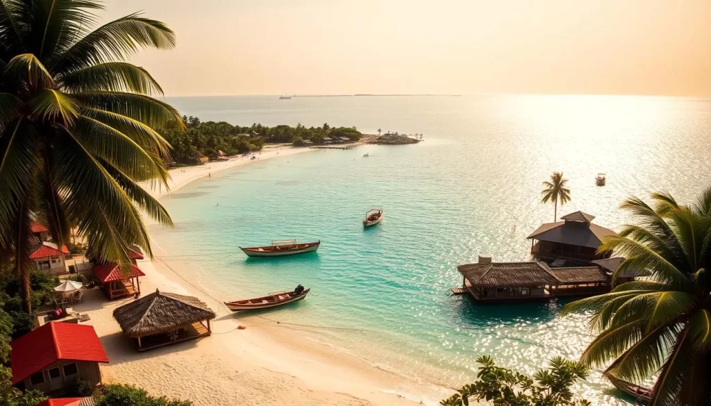 A picturesque tropical paradise of the San Blas Islands, Panama. Crystalline azure waters lap against pristine white-sand beaches, framed by verdant palm trees swaying in the gentle breeze. Traditional Guna Yala dwellings dot the shoreline, their brightly colored roofs reflecting in the shimmering turquoise lagoon. A warm, hazy sun casts a golden glow over the serene, idyllic scene, creating a tranquil, laid-back atmosphere. Boats bob peacefully on the calm waters, while a few islanders leisurely go about their daily activities. This is a true Caribbean paradise, a hidden gem waiting to be discovered.
