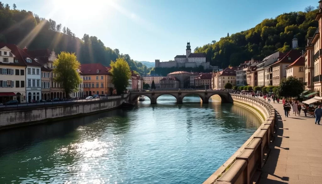 A picturesque view of the Ljubljanica River winding through the historic heart of Ljubljana, Slovenia. Sunlight dances across the calm, emerald-hued waters, illuminating the charming bridges and buildings lining the riverbanks. In the foreground, pedestrians stroll along the tranquil promenade, taking in the serene atmosphere. The middle ground features the iconic Triple Bridge and Preseren Square, while the background showcases the Ljubljana Castle perched atop a verdant hillside. Capture the essence of this scenic, pedestrian-friendly old town with a warm, inviting ambiance and a touch of Slovenian architectural elegance.