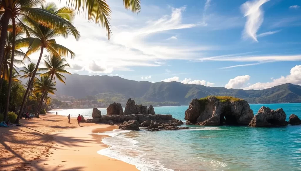 A picturesque view of the pristine San Juan del Sur beach in Nicaragua. The golden sands stretch out towards the sparkling turquoise waters of the Pacific Ocean, framed by verdant palm trees swaying gently in the coastal breeze. Sunlight filters through wispy clouds, casting a warm, natural glow over the idyllic scene. In the foreground, a few beachgoers stroll along the water's edge, enjoying the tranquil atmosphere. The middle ground features dramatic rock formations sculpted by the elements, adding depth and visual interest. In the distance, the lush green hills of the surrounding landscape rise up, creating a stunning backdrop for this picturesque beach paradise.