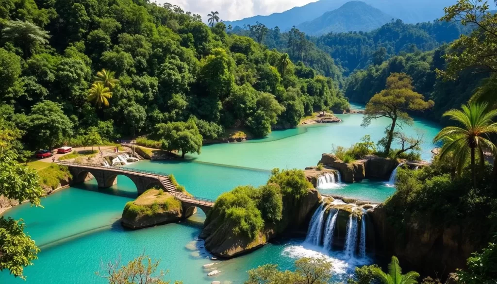 A picturesque vista of Semuc Champey, Guatemala, showcasing its breathtaking natural pools and cascading turquoise waters, set against a backdrop of lush, verdant jungle. The scene captures the serene tranquility of a sunny day, with soft, diffused lighting and a sense of timeless beauty. The foreground features the iconic limestone bridges and pools, inviting visitors to explore the crystal-clear waters and bask in the serene ambiance. The middle ground depicts the surrounding forest, lush with vibrant foliage and towering trees, creating a serene and secluded atmosphere. The background reveals the rolling hills and distant mountains, adding depth and a sense of scale to the overall composition.