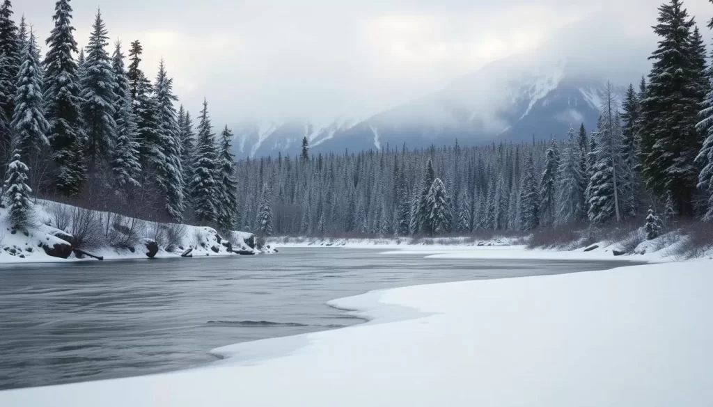 A picturesque winter landscape at the Yukon Wildlife Preserve, showcasing the serene beauty of the region. In the foreground, a gently flowing river is partially frozen, its icy surface reflecting the soft light of the overcast sky. In the middle ground, a thick forest of snow-capped evergreen trees stands tall, their branches heavy with fresh snowfall. The background is dominated by a majestic mountain range, its peaks shrouded in a veil of mist, casting a tranquil and awe-inspiring atmosphere. The lighting is soft and diffused, creating a sense of stillness and peace. The scene evokes the natural wonder and seasonal experiences that await visitors to the Yukon Wildlife Preserve.