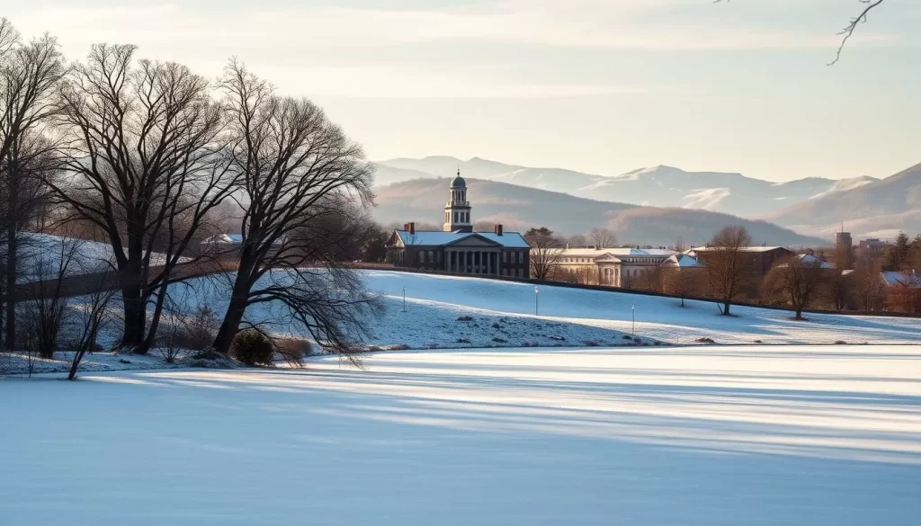 A picturesque winter landscape in Gettysburg, Pennsylvania, with a soft blanket of snow covering the rolling hills and historic landmarks. In the foreground, a frozen lake reflects the bare branches of towering oak trees. In the middle ground, the iconic cupola of the Gettysburg College campus stands tall, framed by a dusting of snow. In the background, the distant Appalachian Mountains rise, their peaks capped with a layer of pristine white. The scene is bathed in a warm, golden glow from the late afternoon sun, casting long shadows across the peaceful scene. The atmosphere is serene and tranquil, inviting the viewer to experience the quiet beauty of Gettysburg in the winter.