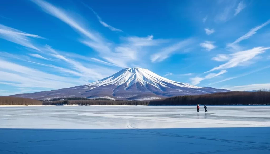 A picturesque winter landscape in Hokkaido, Japan. A snow-capped mountain range rises majestically in the background, framed by a vibrant blue sky with wispy white clouds. In the foreground, a tranquil frozen lake reflects the surrounding scenery, its surface dotted with the tracks of adventurous ice skaters. Crisp, clean sunlight filters through the scene, casting a warm, inviting glow. The overall atmosphere conveys the serene, yet invigorating nature of Hokkaido's unique cold-weather climate.