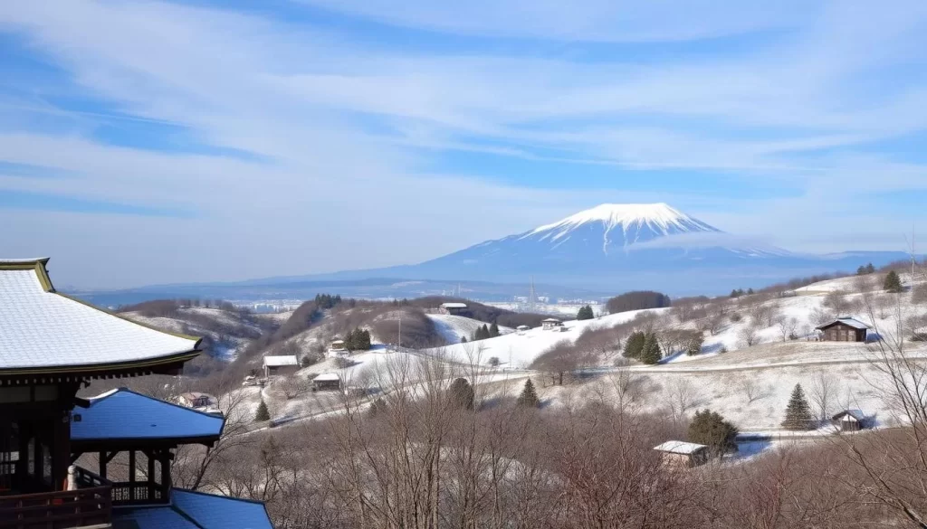 A picturesque winter landscape in Kagawa Prefecture, Japan. In the foreground, a dusting of snow covers a traditional Japanese temple, its pagoda roof reflecting the soft winter light. In the middle ground, rolling hills dotted with bare trees and shrubs lead the eye towards a distant mountain range, its peaks capped in pristine white. The sky is a soft, hazy blue, with wispy clouds drifting overhead, casting gentle shadows across the scene. The overall mood is one of tranquil, serene beauty, capturing the essence of a Kagawa winter.