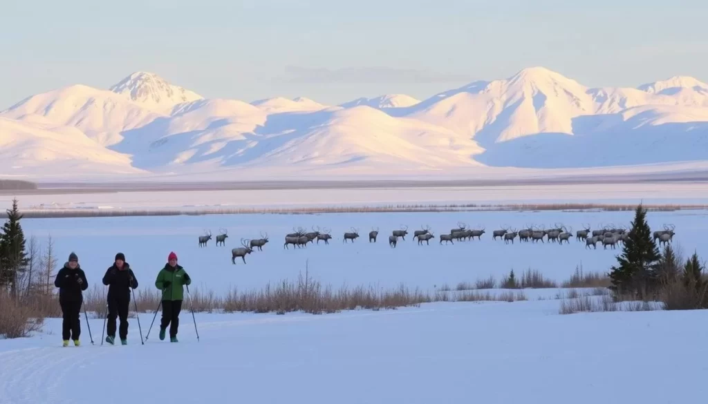 A picturesque winter landscape in Wapusk National Park, Manitoba. In the foreground, a group of people cross-country skiing on a groomed trail, their movements graceful against the pristine, snow-covered terrain. In the middle ground, a herd of caribou grazes peacefully, their antlers silhouetted against the vast, open expanse. In the background, towering snow-capped mountains rise majestically, their peaks bathed in the warm glow of the winter sun. The scene evokes a sense of tranquility and wonder, showcasing the park's diverse array of winter activities and natural beauty.