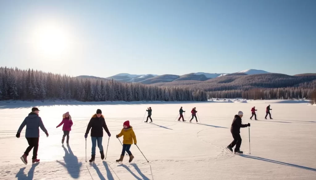 A picturesque winter scene in Riding Mountain National Park, Manitoba. In the foreground, families ice skating on a frozen lake, their laughter echoing across the serene landscape. In the middle ground, cross-country skiers glide gracefully through a snow-covered pine forest, their poles rhythmically punctuating the tranquil silence. In the background, rolling hills blanketed in a pristine layer of snow, with the occasional glimpse of a distant, snow-capped peak. The sun casts a warm, golden glow over the entire scene, creating a cozy and inviting atmosphere. Crisp, clean air and a touch of winter magic permeate the air, making this the perfect winter wonderland for outdoor enthusiasts.
