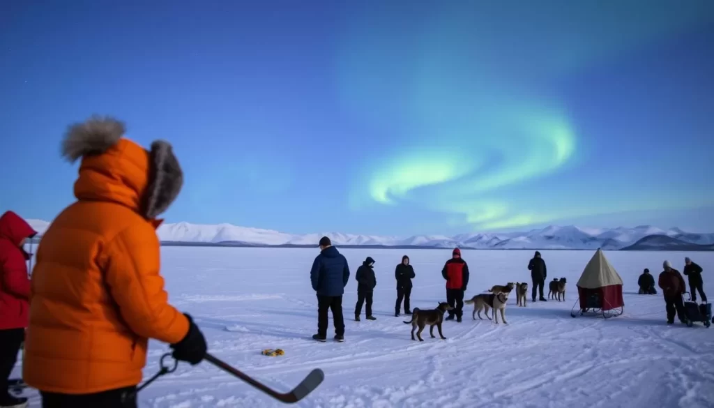 A picturesque winter scene in Tuktoyaktuk, Northwest Territories. In the foreground, locals engage in traditional activities like ice fishing, ice hockey, and dog sledding. The middle ground features an expansive frozen lake surrounded by snow-capped mountains and tundra. In the background, the Aurora Borealis dances across the night sky, casting an ethereal glow over the serene landscape. The image captures the vibrant and diverse seasonal activities that make Tuktoyaktuk a unique destination, from the tranquil beauty of winter to the lively outdoor pursuits of the locals.
