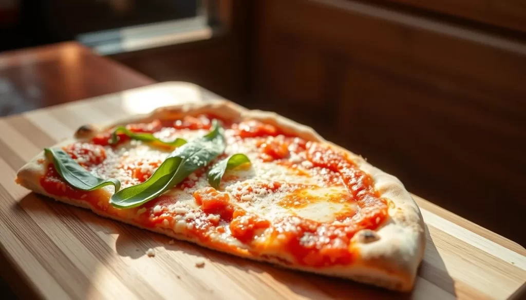 A piping hot, freshly baked New York-style pizza, with a golden-brown crust, its surface dotted with gooey, melted mozzarella cheese, and topped with vibrant, flavorful tomato sauce. Ribbons of fresh basil leaves and a sprinkle of grated Parmesan adorn the slice, which sits on a wooden cutting board, bathed in warm, natural light streaming through a window. The scene evokes the aroma of authentic Italian cuisine, transporting the viewer to a cozy neighborhood trattoria in the heart of New York City.