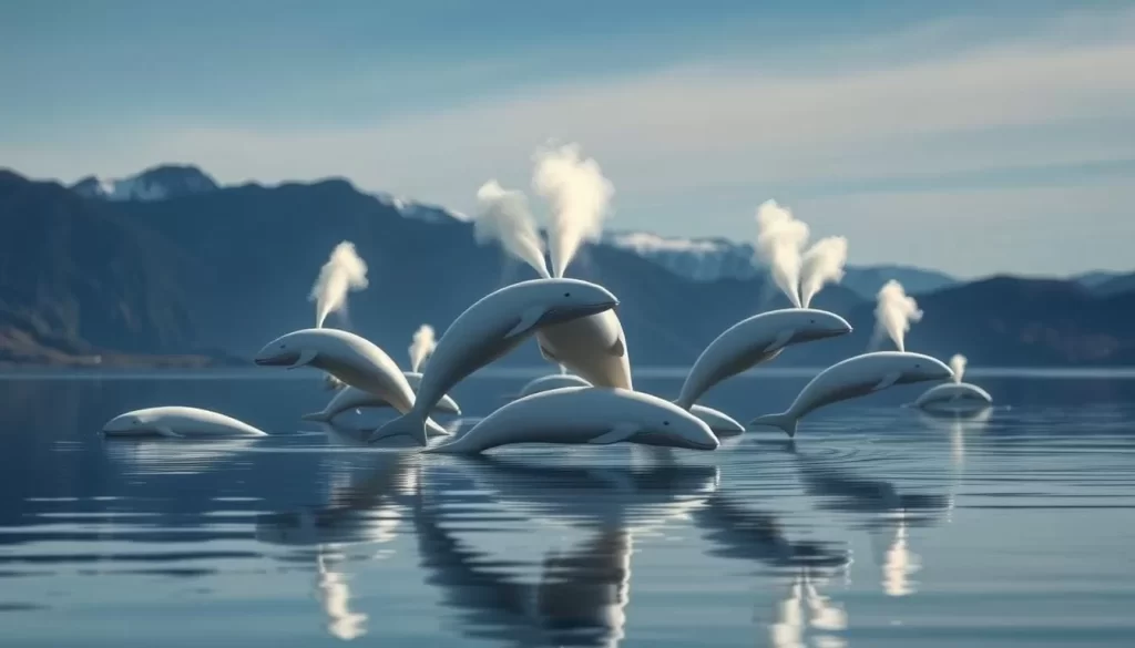 A pod of majestic beluga whales gracefully gliding through the tranquil waters of Cunningham Inlet, their ethereal white forms contrasted against the deep azure sky. Sunlight glistens on their smooth, rounded bodies as they breach the surface, their gentle exhalations creating soft plumes of mist. The inlet's rugged, snow-capped mountains provide a dramatic backdrop, while the calm, mirror-like surface reflects the whales' serene movements. Capture the awe-inspiring beauty of this unique Arctic ecosystem, where these captivating creatures thrive in their natural habitat.