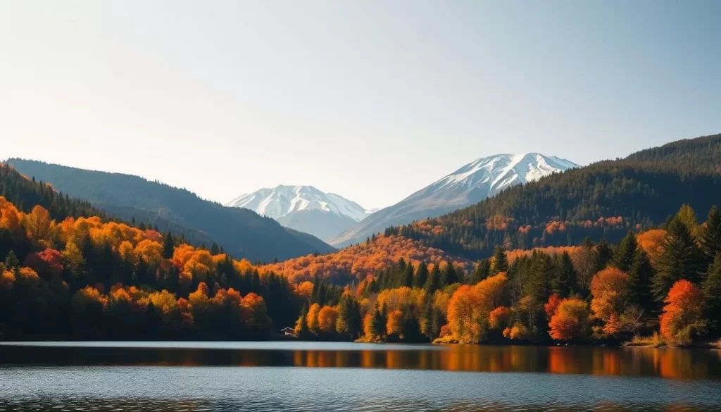A pristine Hokkaido landscape under a clear sky, with majestic snow-capped mountains in the background. In the foreground, a tranquil lake reflects the vibrant autumn foliage along its shores, creating a serene and picturesque scene. Lush, verdant forests extend into the middle ground, dotted with the occasional traditional Japanese wooden structure. The warm, golden light of the sun filters through the trees, casting a warm glow over the entire tableau. Capture this idyllic vision of Japan's northern paradise, showcasing the natural beauty and serenity of Hokkaido.