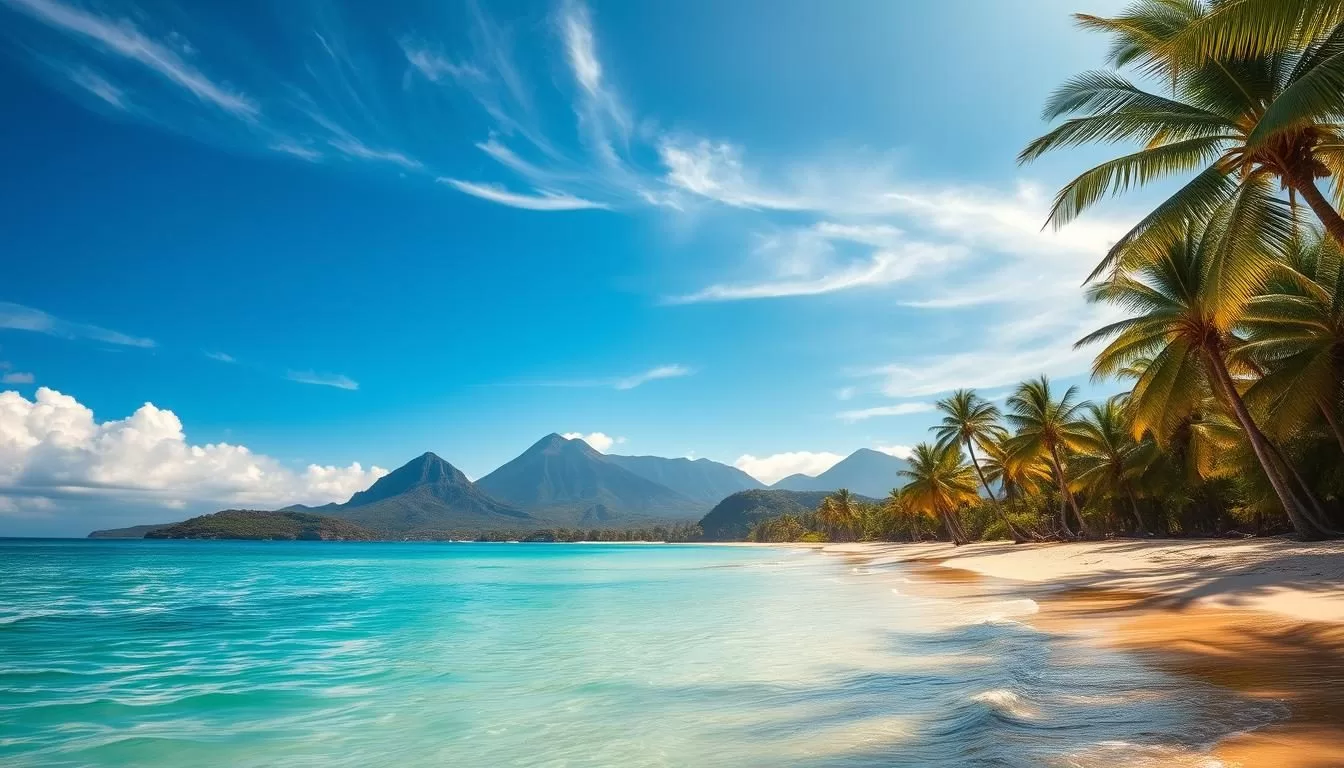 A pristine Sao Tome and Principe beach on a sun-drenched day. Turquoise waters gently lapping against a golden sand shore, framed by lush, verdant palm trees swaying in the breeze. In the distance, dramatic volcanic peaks rise up, their rugged profiles silhouetted against a brilliant azure sky. Warm, diffused lighting filters through wispy clouds, casting a soft, natural glow over the tranquil scene. A serene, idyllic paradise, perfect for travelers seeking to soak up the natural beauty and relaxed atmosphere of this enchanting island nation.