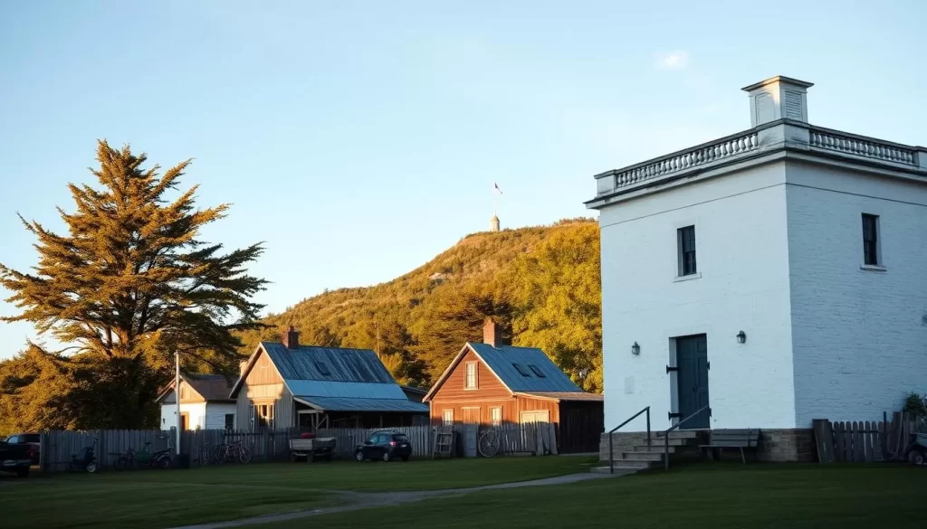 A pristine summer day on San Juan Island, Pacific Northwest. In the foreground, the stately, white-washed walls of the historic Pig War Blockhouse stand tall, a testament to the island's storied past. The middle ground reveals the quaint, 19th-century structures of the American Camp, their weathered facades bathed in warm, golden light. In the background, the rugged, tree-covered hills rise up, creating a picturesque backdrop. A gentle breeze rustles the nearby trees, and the air is crisp and clear, inviting visitors to explore the island's rich history. The scene is captured with a wide-angle lens, conveying a sense of tranquility and timelessness.